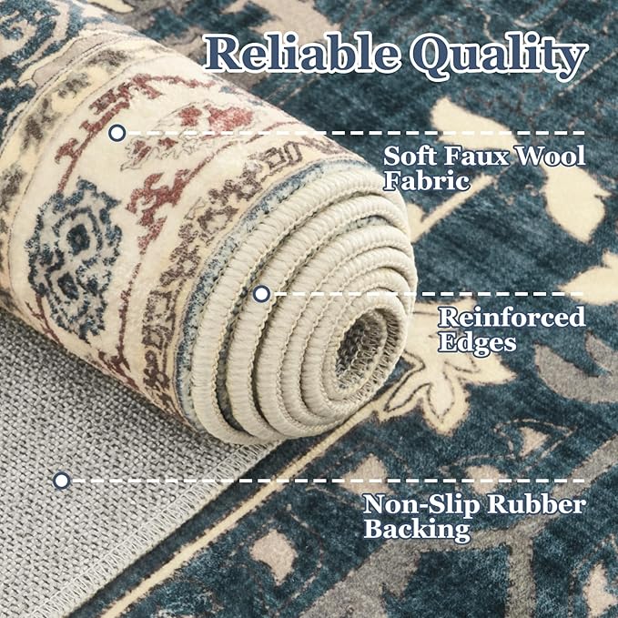 Round Rugs 4ft for Entryway, Low Pile Thin Washable Non Slip Small Circle Rug for Kitchen Dining Room, Tranditional Medallion Round Carpet for Bedroom Living Room, Deep Blue/Multi
