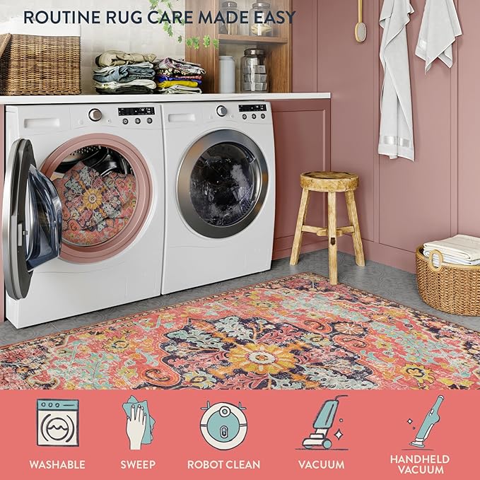 Lahome Bohemian Washable 2x5 Hot Pink Kitchen Runner Rug, Non Slip Bathroom Laundry Room Rug Runner, Floral Medallion Soft Carpet Runners for Entryway Hallway Foyer Decor