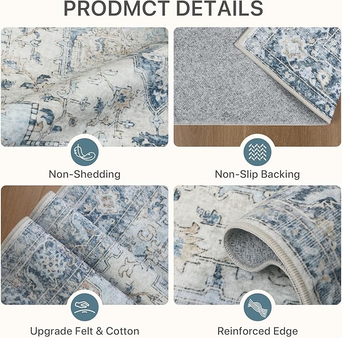 5x7 Area Rugs for Living Room, Machine Washable Rug, Non Slip Vintage Rugs, Low Pile Lightweight Print Rug for Bedroom, Dining Room, Home Office, Blue