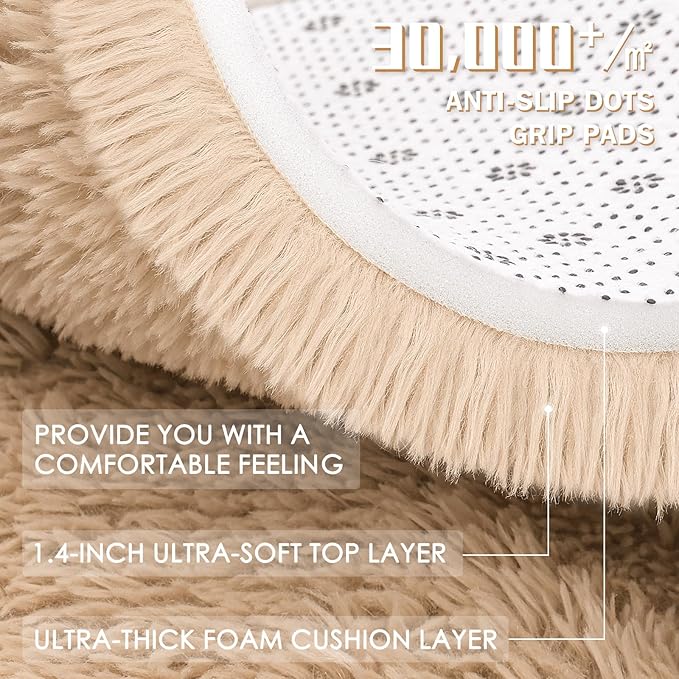 OLANLY Beige Round Rugs for Bedroom - Machine Washable, 3 ft Circle Area Rugs for Living Room, Soft and Fluffy Shaggy Carpet for Teen Girls and Boys, Nursery Rooms, Dorms, Home Decor Aesthetic