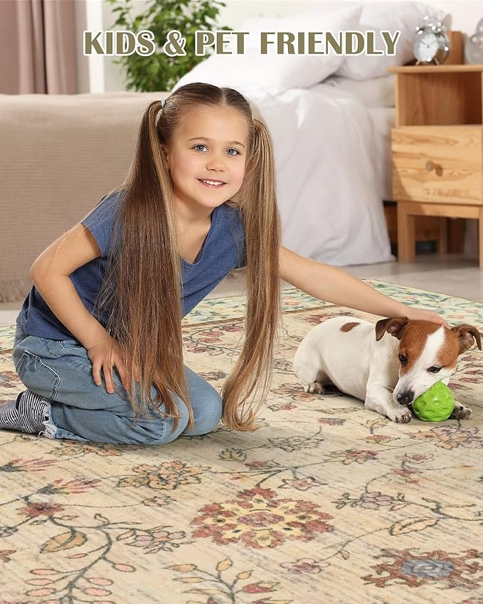 5x7 Washable Boho Area Rug for Living Room, Vintage Floral Non Slip Bedroom Rugs, Soft Low Pile Carpet for Kitchen Bathroom Farmhouse Nursery Kids Room Dining Room, Beige/Green