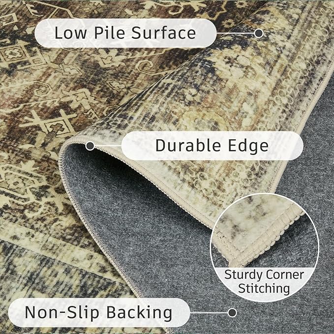 5x7 Washable Rug, Non Slip Rugs for Living Room, Bathroom, Dining Room, Modern Farmhouse Distressed Neutral Stain Resistant Rugs Low Pile Soft Brown Large Carpet Mat for High Traffic Areas