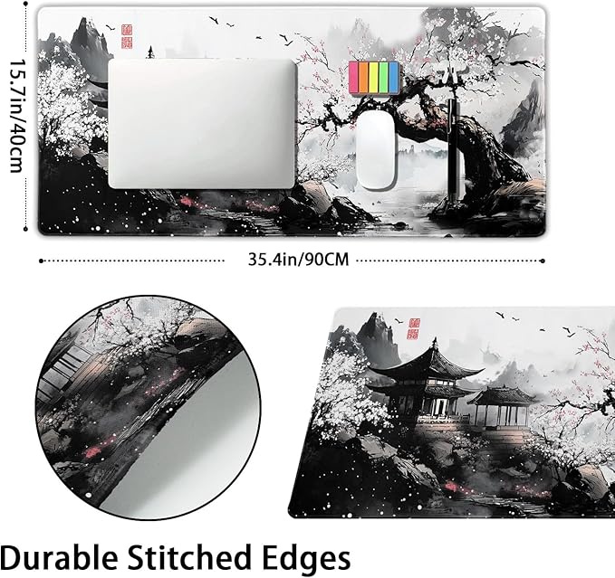 Black Whtie Japanese Gaming Mouse Pad XXL Anime Sakura Cherry Blossom Tree Extended Large Mat Mousepad Desk Pad Non-Slip Rubber Base Stitched Edge Keyboard Pad Playmat for Computer,35.4×15.7 Inch