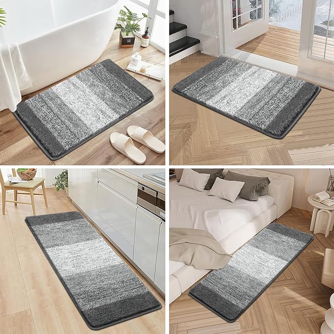 Pauwer Bathroom Rugs Sets 3 Piece Shower Rugs with U-Shaped Contour Toilet Mat Absorbent Microfiber Plush Bath Mats Non Slip Bath Rugs Machine Washable Shaggy Bathroom Floor Mats, Grey