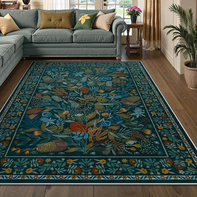 Anidaroel Botanical Print 5x7 Area Rugs for Living Room, Washable Soft Rugs for Bedroom Aesthetic, Non Slip Modern Rug Stain Resistant Dining Room Mat Throw Carpet for Dorm Nursery, Tea