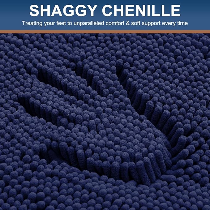 Smiry Luxury Chenille Bathroom Rugs 30x20, Extra Soft and Absorbent Shaggy Bath Mat, Machine Washable, Non-Slip Plush Carpet Runner for Tub, Shower, and Floor, Home Decor Accessories, Navy Blue
