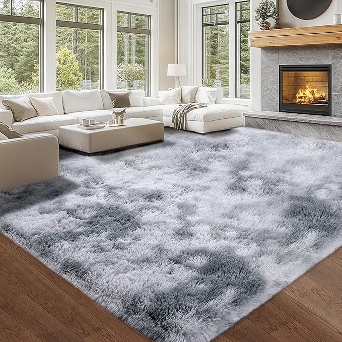 Shag Rugs for Living Room 9x12: 9x12 Area Rugs for Living Room- 9x12 Large Soft Tie-Dyed Light Grey Rugs for Bedroom- Fuzzy Plush Modern Carpets for Kids Room (Tie-Dyed Light Grey, 9x12 Feet