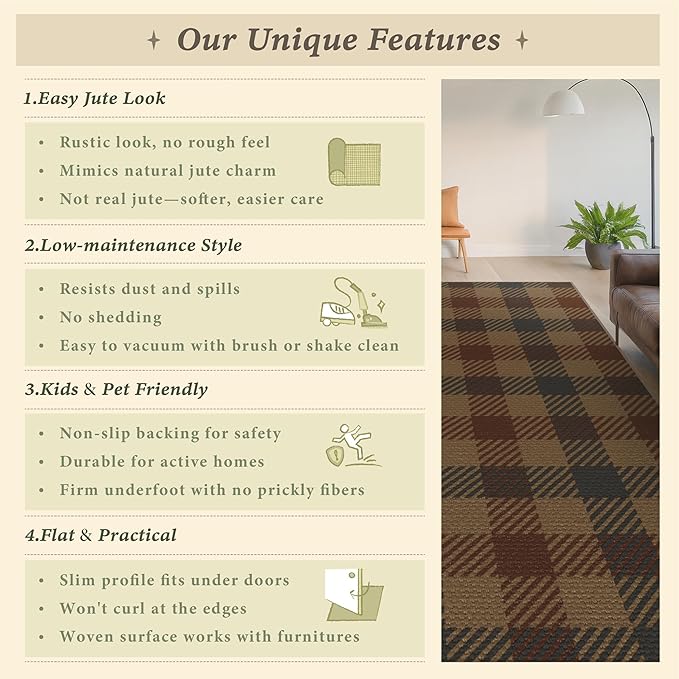 Vintage Large Plaid Area Rug for Living Room - 5x7 Easy Jute Classic Brown and Red Rug for Bedroom Under Bed, Large Entryway Outdoor Porch, Washable Non Slip Neutral Dark Brown Retro Décor