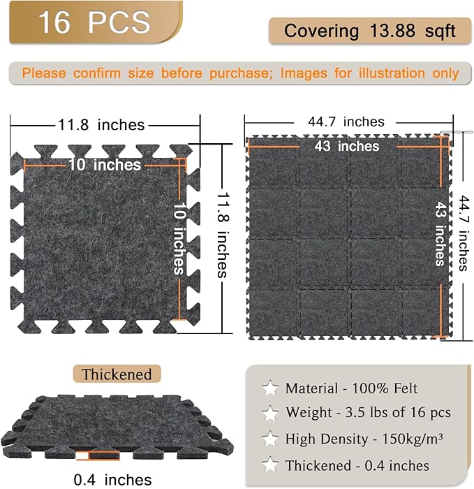 BXI Soundproof Interlocking Rug Pad 16 Pcs, 11x 11 x 0.4 inches Non Slip Rug Pads, High Density Noise Reduction Puzzle Felt Carpet Padding, Rug Mat Protects and Adds Cushion for Hardwood Floor