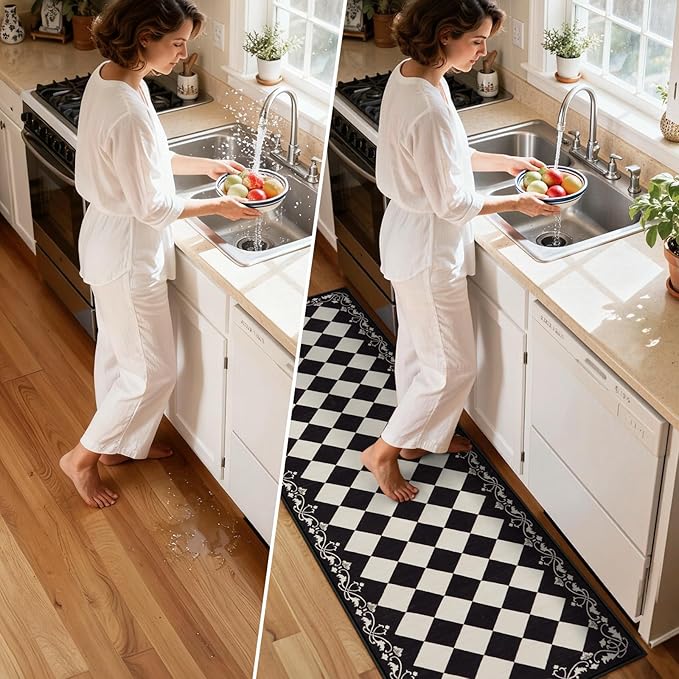 Checkered Kitchen Runner Rug 2x6 Vintage Modern Washable Runners for Hallways Non Slip Low Pile, Moroccan Framhouse Bathroom Runner Fall Brown Print Entryway Laundry Besides Home Decor