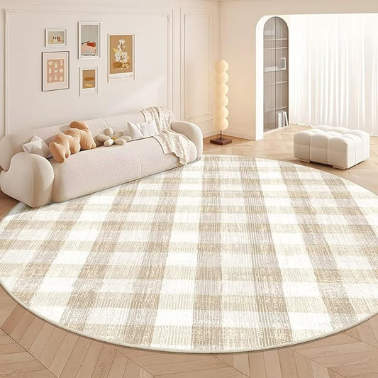 COLORPAPA Checkered Area Rug 9 Ft, Washable Round Rugs for Living Room, Modern Neutral Non Slip Indoor Carpet for Bedroom Office Patio Dining Room (Beige)