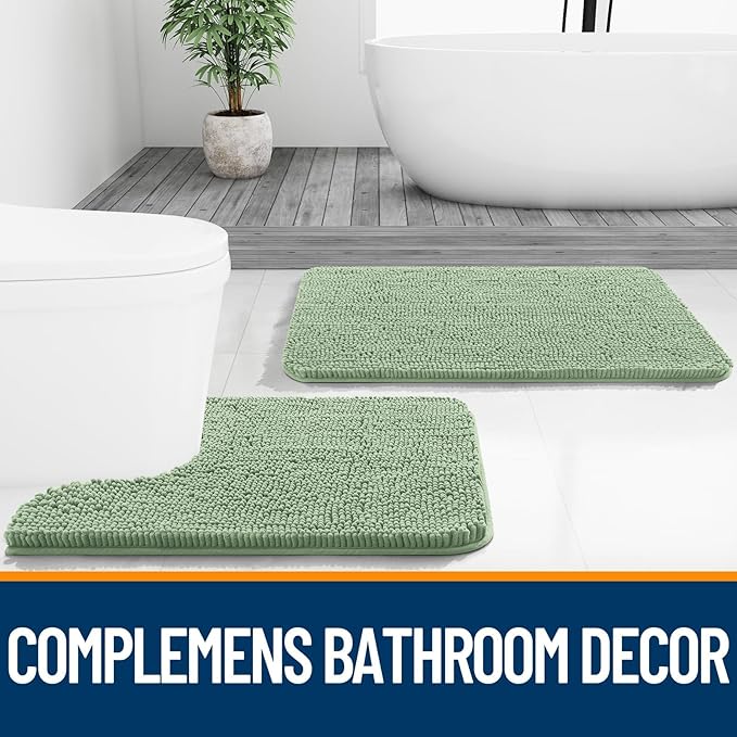 OLANLY Bathroom Rugs Sets 2 Piece, Soft Absorbent Chenille Bath Mats Area Rug Set, Non-Slip, Quick Dry, Machine Washable Bath Mats for Bathroom, Home Decor Accessories (47"x20"+24"x16", Sage Green)