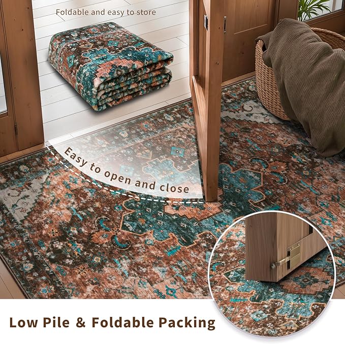 Ciicool Area Rug 5x7ft Washable Rugs for Living Room Non-Slip Indoor Rugs Large Low-Pile Mat Floor Carpet Vintage Rug for Bedroom Dinning Foyer Decor (Brick Red/Dull Teal)