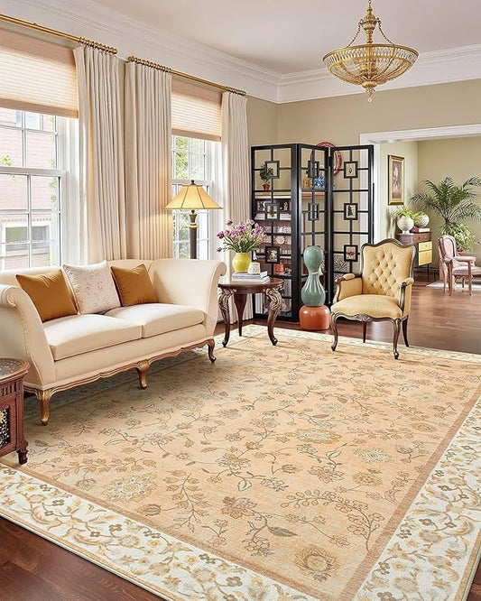 9x12 Large Area Rug for Living Room, Boho Machine Washable Bedroom Rugs, Vintage Floral Non Slip Rugs, Soft Low Pile Carpet for Dining Room Office Farmhouse, Cinnamon Orange