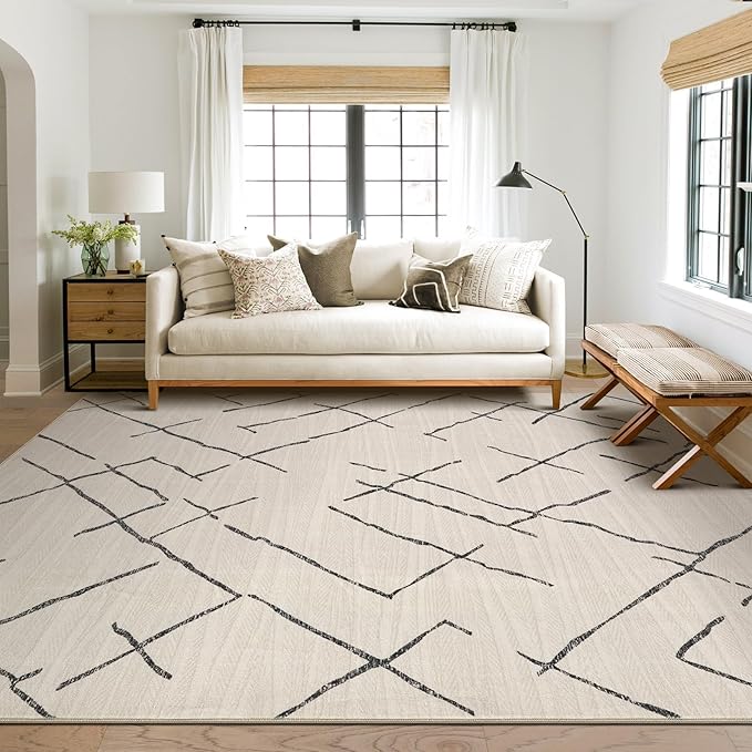 Area Rug Living Room Rugs - 8X10 Washable Boho Farmhouse Bohemian Neutral Large Moroccan Geometric Soft No Slip Indoor Thin Floor Carpet for Bedroom Under Dining Table Home Office - Beige