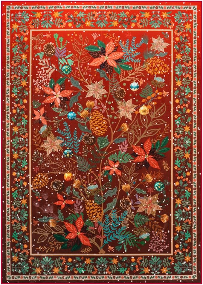 Anidaroel Christmas Area Rug 5x7, Botanical Floral Washable Xmas Rugs for Living Room Holiday Decor, Non-Slip Soft Modern Bedroom Rug, Low Pile Indoor Throw Carpet for Nursery, Home Office, Red