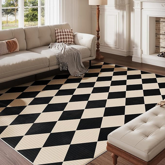 6x9 Washable Checkered Rugs for Bedroom, Black and Beige Area Rug for Living Room, Geometric Faux Wool Carpet for Kids, Girls, Boys Playroom, Dorm, Nursery, Dining Room, Kitchen, Non Slip