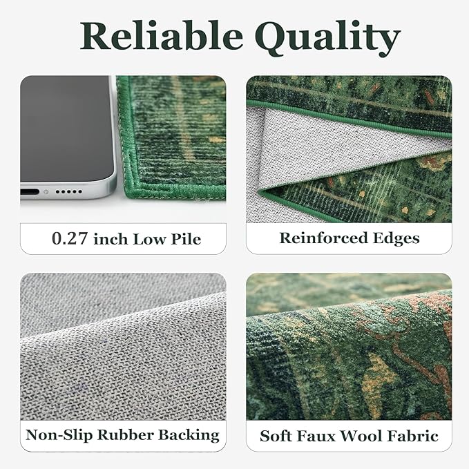 Round Rugs 6ft Dark Green, Low Pile Thin Circle Area Rugs Washable Non Slip, Vintage Medallion Printed Circle Carpet for Bedroom Living Room Kitchen Dining Room