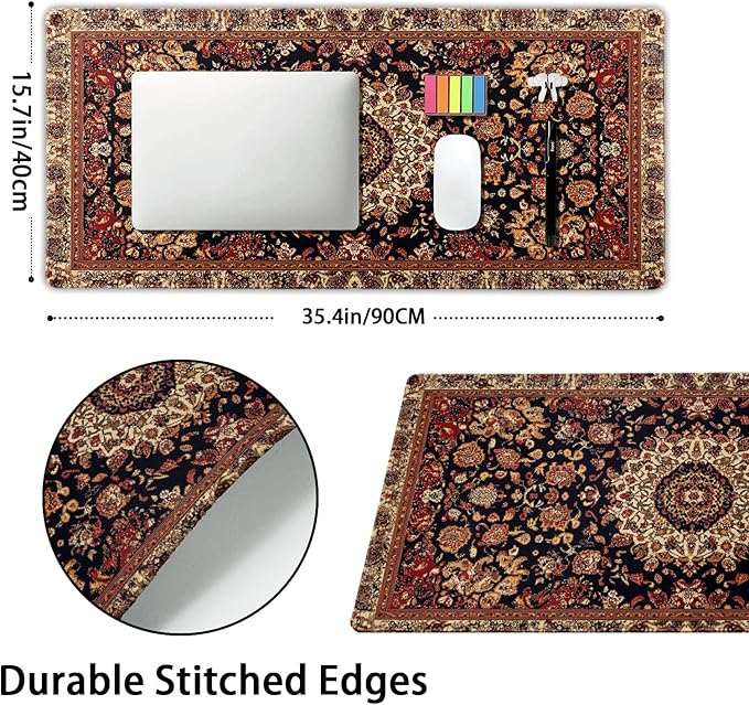 Vintage Rug Gaming Mouse Pad XXL Dark Brown Retro Carpet Aesthetic Extended Large Mat Mousepad Desk Pad Non-Slip Rubber Base Stitched Edge Flower Keyboard Pad Playmat for Computer,35.4×15.7 Inch