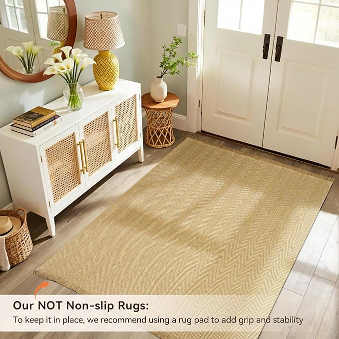 BESTSWEETIE 4x6 Washable Rug Hand-Woven Low Pile Soft Modern Farmhouse Bohemian Decor Reversible Braided Rugs with Tassels Throw Carpet for Living Room Bedroom Entryway Bathroom, Natural Jute