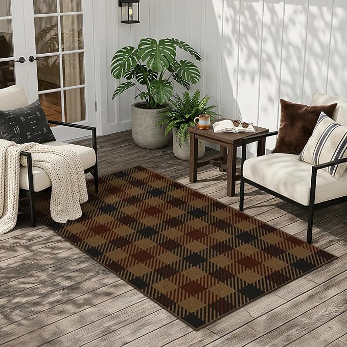 JTJ 3x5 Vintage Door Mats Outdoor Entrance - Easy Jute Fall Rugs Outdoor for Patio, Balcony, Kitchen, Mudroom, Washable Earthy Brown and Red Checkered Elegence Décor