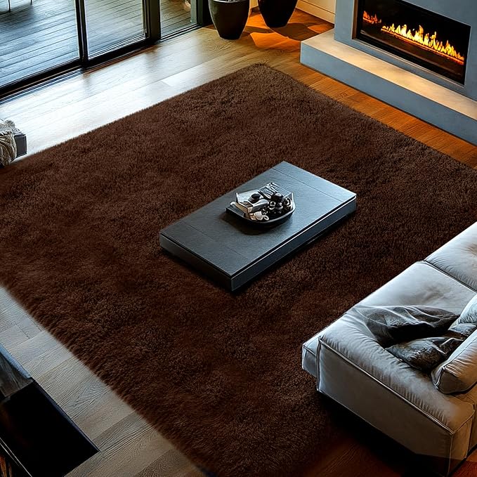 Shag Rugs for Living Room 9x12: 9x12 Shag Area Rugs for Living Room- Large Soft Brown Rugs for Bedroom- Fuzzy Plush Modern Carpets for Kids Room (Brown)