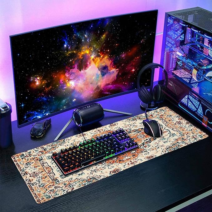 Vintage Rug Gaming Mouse Pad XL Orange Teal Retro Carpet Aesthetic Extended Large Mat Bohemian Boho Mousepad Desk Pad Non-Slip Rubber Base Stitched Edge Flower Keyboard Pad for Computer,31.5×11.8 in
