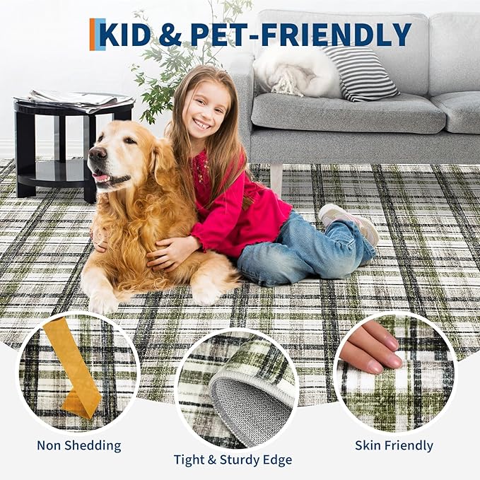 Washable Area Rug 8x10 Rug for Living Room Modern Non Slip Throw Rugs Farmhouse Large Rugs for Bedroom Low Pile Non Shedding Stain Resistant Carpet for Dining Room 8'x10' Green&Taupe