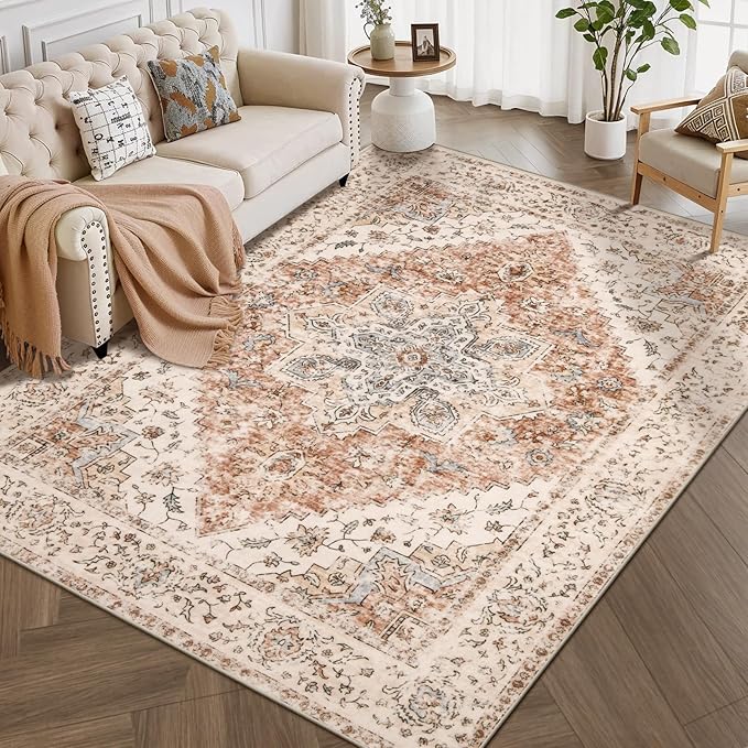 Ciicool 5x7 Area Rugs, Washable Area Rug Boho Rugs for Living Room Non-Slip Indoor Rugs Large Low-Pile Mat Floor Carpet Vintage Rug for Bedroom Office Dinning Foyer Decor