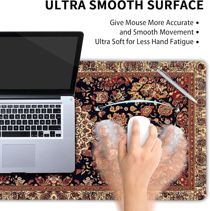 Vintage Rug Gaming Mouse Pad XXL Dark Brown Retro Carpet Aesthetic Extended Large Mat Mousepad Desk Pad Non-Slip Rubber Base Stitched Edge Flower Keyboard Pad Playmat for Computer,35.4×15.7 Inch