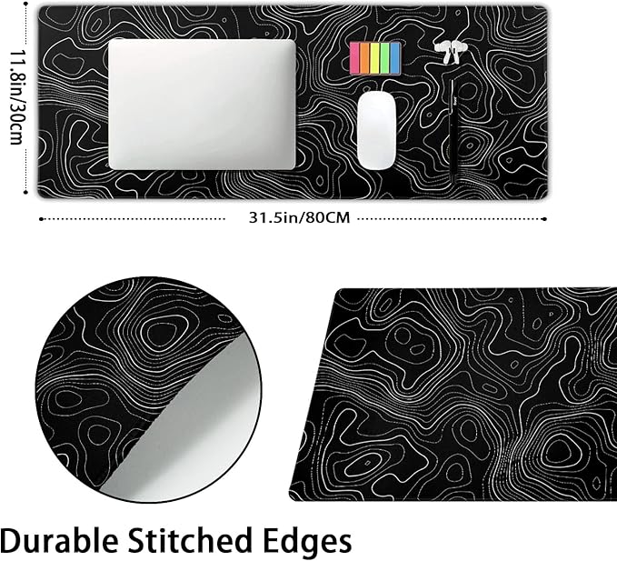 Topographic Contour Black Gaming Mouse Pad XL Topo Geographic Map Lines Extended Large Mouse Pad Big Desk Mat Non-Slip Rubber Base Stitched Edge Long Keyboard Playmat for Desk Computer,31.5×11.8 in