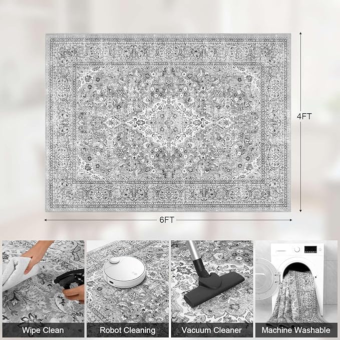 4x6 Grey Washable Boho Area Rug for Bedroom, Vintage Floral Non Slip Living Room Rugs, Soft Low Pile Indoor Mat, Aesthetic Pattern Carpet for Kitchen, Dining Room and Bedside