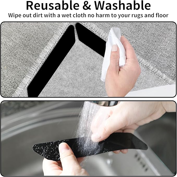 16 Pcs Non Slip Rug Pads Grippers，Keep Area Rugs Corners from Curling and Bunching, Reusable Rug Tape for Hardwood Floors and Tiles, Dual Sided Adhesive Washable Rug Holder Keep Corner Flat