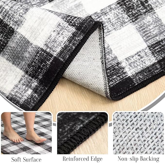 COLORPAPA Checkered Area Rug 5 Ft, Washable Round Rugs for Living Room, Modern Neutral Non Slip Indoor Carpet for Bedroom Office Patio Dining Room (Black and White)