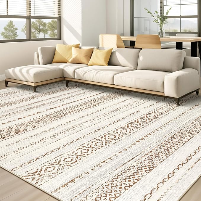 Area Rug Living Room Rugs - 9x12 Washable Boho Farmhouse Bohemian Neutral Large Moroccan Geometric Soft No Slip Indoor Thin Floor Carpet for Bedroom Under Dining Table Home Office - Square Brown