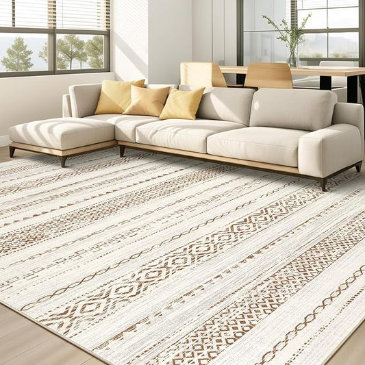 Area Rug Living Room Rugs - 9x12 Washable Boho Farmhouse Bohemian Neutral Large Moroccan Geometric Soft No Slip Indoor Thin Floor Carpet for Bedroom Under Dining Table Home Office - Square Brown