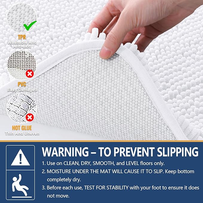 Arotive Bathroom Rugs 70x24, Extra Soft Absorbent Shaggy Chenille Bath Rugs, Machine Washable Rubber Backing Non-Slip Bath Mats for Bathroom Floor Tub and Shower, Home Decor Accessories, White