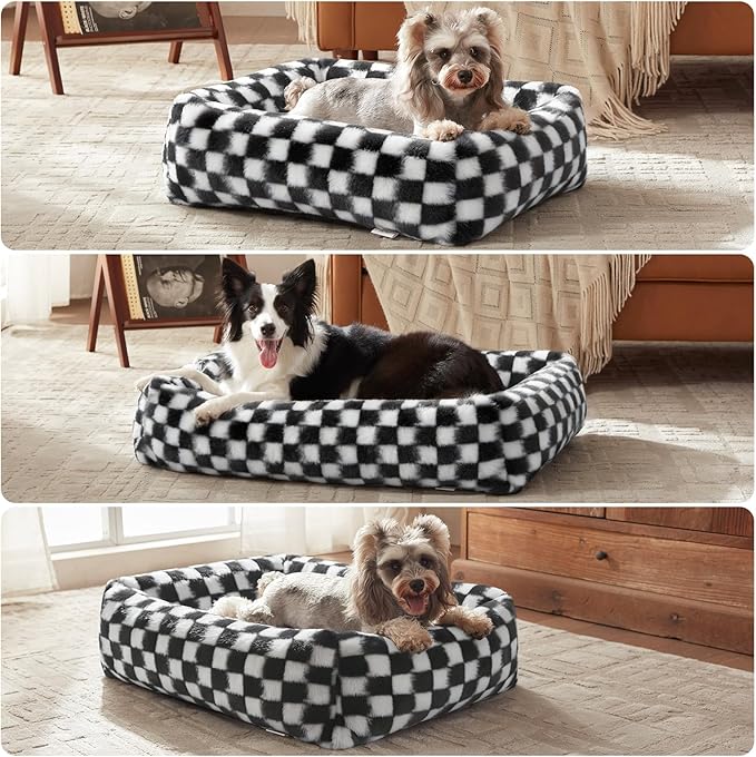 JOEJOY Large Dog Beds Large Sized Dog, Removable Washable Cover Orthopedic Soft Faux Rabbit Fur Pet Bed, Anti-Slip Fluffy Plush Faux Rabbit Fur Puppy Bed, 36"x27"x8", Checkered, Black