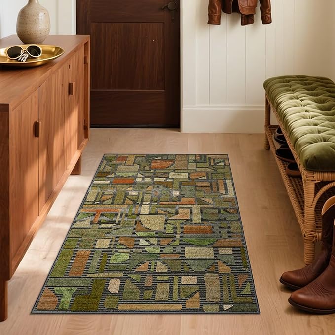 DEXDE Entryway Area Rugs 2x3 Vintage, Non Slip Washable Low Pile Throw Checkered Rug Modern Abstract Door Mat Indoor Soft Small Carpet for Entrance Bedroom Bathroom Laundry, Green