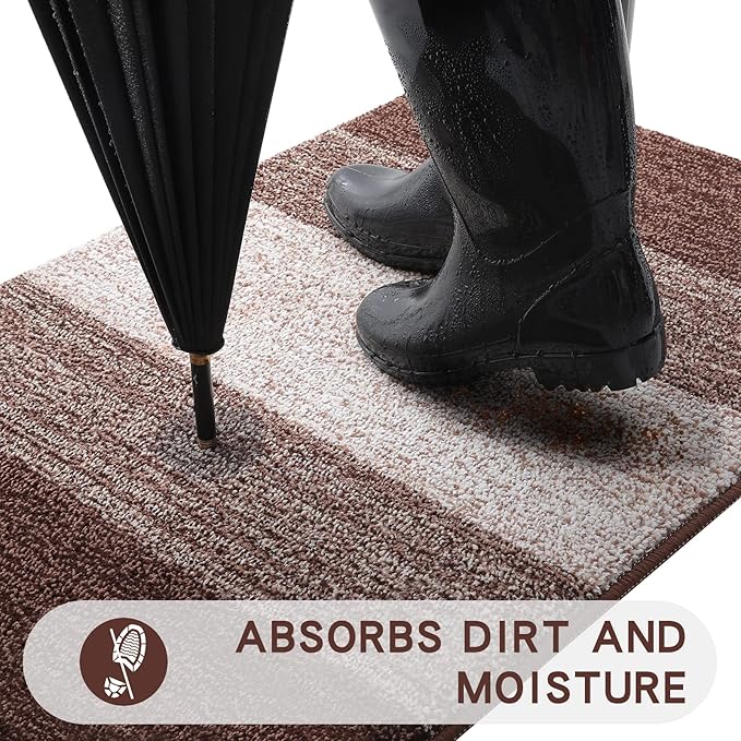 Kitinjoy Indoor Outdoor Door Mat, 59x36 Non-Slip Absorbent Dirt Trapper, Low-Profile Washable Inside Entrance Front Floor Mat, Sturdy Soft Entry Doormats for Entryway, Brown
