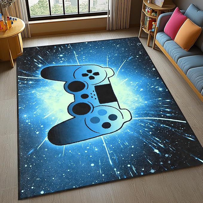 Gaming Rug for Gamer Game Room Boys Gamer Theme Carpets, Blue Galaxy Game Loading Gamepad Printed Floor Rugs for Bedroom Living Room Mat Sofa Mats,4'×5'