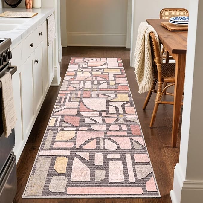 DEXDE 2x6 Runner Rug for Hallway, Washable Abstract Non Slip Low Pile Throw Vintage Checkered Rugs Soft Modern Indoor Carpet for Kitchen Bedroom Bathroom Laundry Entrance, Pink