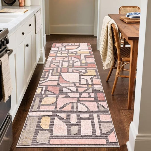 DEXDE 2x6 Runner Rug for Hallway, Washable Abstract Non Slip Low Pile Throw Vintage Checkered Rugs Soft Modern Indoor Carpet for Kitchen Bedroom Bathroom Laundry Entrance, Pink