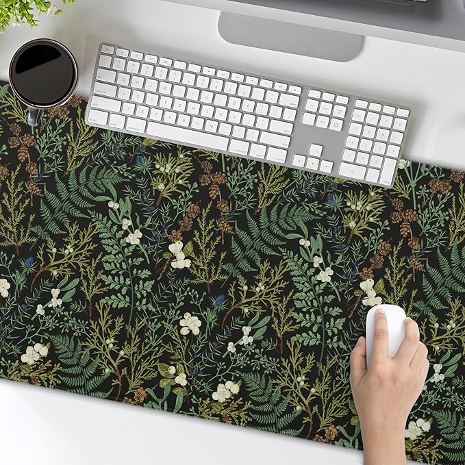 Black Aesthetic Vintage Botanical Gaming Mouse Pad XXL Cute Forest Green Plant Nature Floral Extended Large Mouse Pad Big Mousepad Non-Slip Stitched Edge Long Mat for Desk Office Computer,35.4x15.7 in