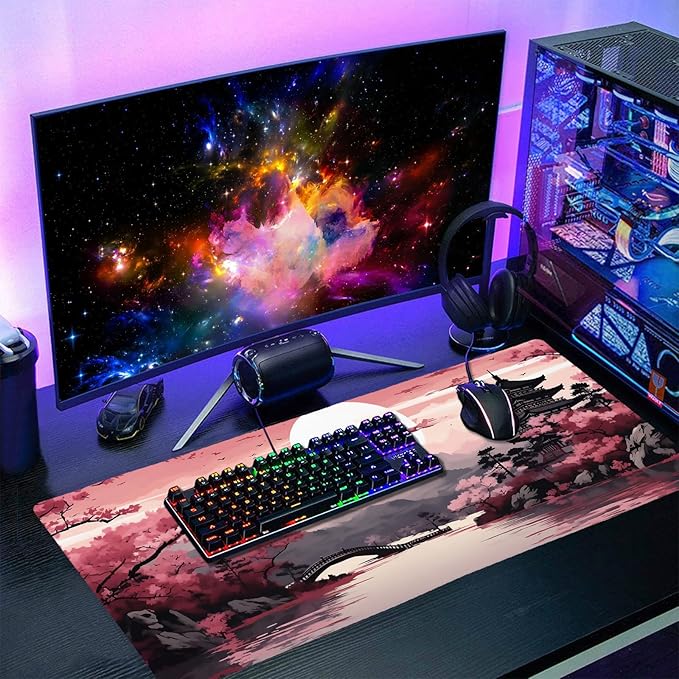 Pink Japanese Sakura Gaming Mouse Pad Extended 3XL Cherry Blossom Tower Mountain Landscape Large Desk Mat Big Mousepad Non-Slip Rubber Base Stitched Edge Long Desk Pad for Gamer,47.2x23.6in,120x60cm