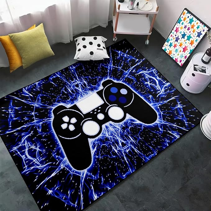 BATATADOCE Game Controller Gaming Rugs Art Abstract Background Open Space Gamer Rug Hyperspace Home Decoration for Teen Boys Game Style Bedroom Living Playing Room Black Blue