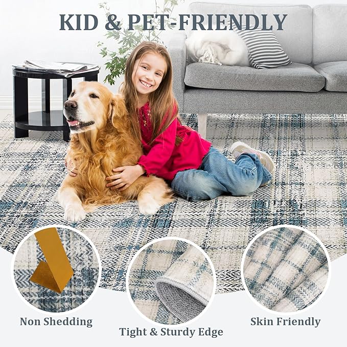 Modern Plaid Area Rugs 9x12 Living Room Washable Soft Rugs for Bedroom Tartan Large Rug Non Slip Throw Rugs Stain Resistant Carpet for Dining Room Office Nursery Rug 9'x12' Green/Beige