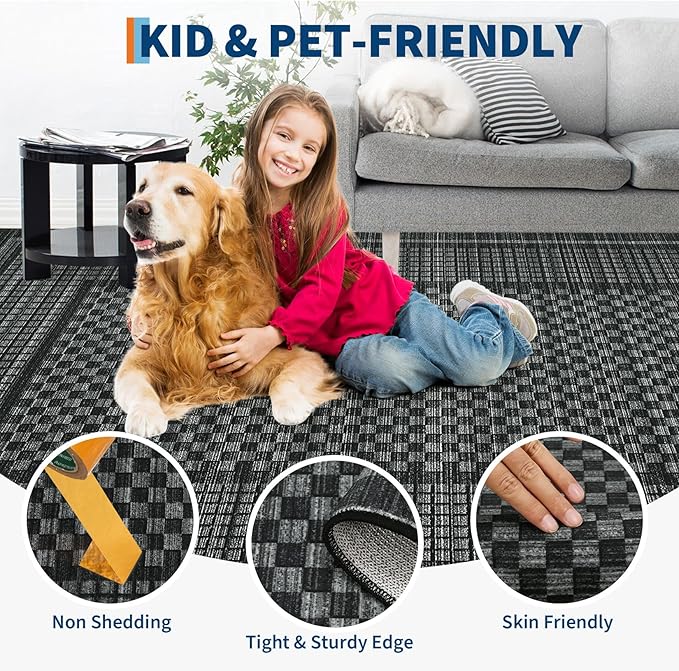 Washable Area Rugs 5x7 Rug for Living Room Modern Large Area Rug for Bedroom Aesthetic Non Slip Throw Rugs Soft Faux Wool Low Pile Stain Resistant Carpet for Dining Room Office Rug 5'x7' Black