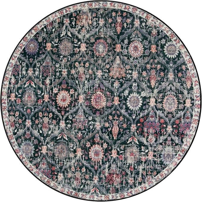 Lahome Moroccan Trellis Washable Round Area Rug, Soft Round Rugs 6ft Ultra-Thin Non-Slip, Vintage Large Circle Carpet for Bedroom Living Room Kitchen Nursery, Black/Multi