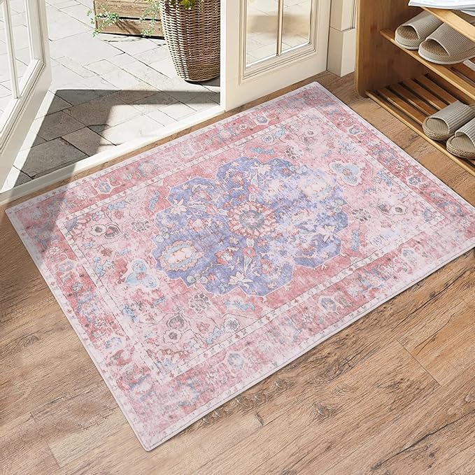 2x3 Entryway Rug, Honeycomb Non Slip Indoor Door Mat, Washable Small Area Rug, Vintage Floral Pink Rug for Bedroom Kitchen Entryway Bathroom